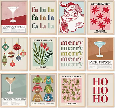 12Pcs Christmas Wall Art Prints Santa Cocktail Paper Art Posters Vintage Decorat • $16.99