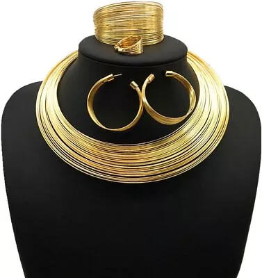 African Collar Choker Necklace Gold Statement Jewelry Set - Bib Cuff Bracelet O • $39.56