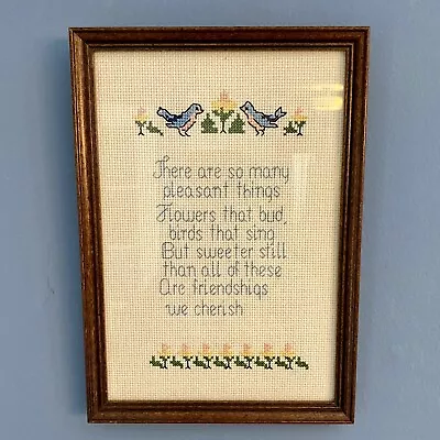 VTG Hand Embroidered Cross Stitch Needlepoint Framed Wall Art FRIENDSHIP Quote • $19.95