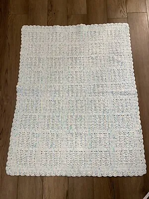 Baby Afghan Blanket Handmade Crochet Blue Yellow White 34.5x28 • $8