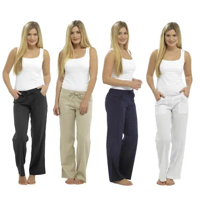 Womens Ladies Linen Trousers Full Length UK Size 10 12 14 16 18 20 • £12.59