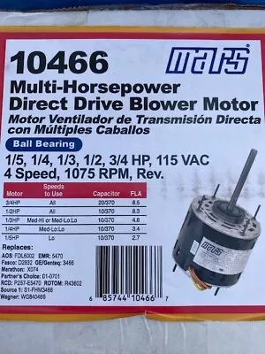 Mars 10466 1/5 To 3/4 Multi-HP 115V Direct-Drive Furnace Blower Motor (NEW) • $111.60