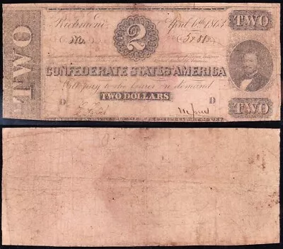 T-61 1863 $2 Confederate CSA Note! FREE SHIPPING! 59882 • $55