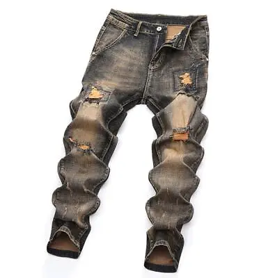 Men Retro Casual Trousers Straight Leg Jeans Punk Hip Hop Denim Ripped Pants • $30.62