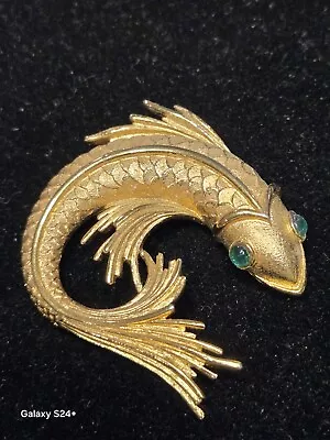 Vintage Monet Koi Fish Gold Tone Green Eyes Brooch Pin • $25