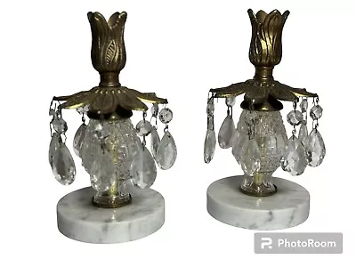 2 Vintage MCM Italy Hollywood Regency Brass Crystal Candlestick Holder Marble • $19.99