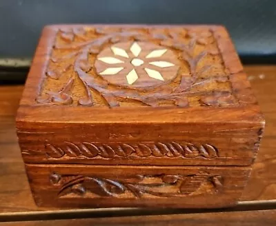 Vintage Wooden Hand Carved Inlay India Sheesham Trinket Jewelry Hinged Box • $7.50