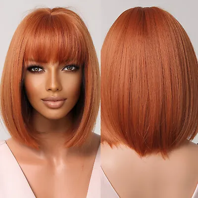 ALAN Bob Copper Brown Synthetic Wigs With Bangs Natural Straight Wig For Women • $18.99