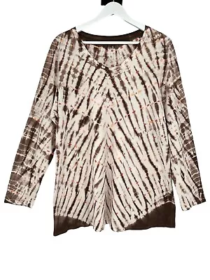 J Jill Tie Dyed Cotton Tee Top Size XL Brown V-Neck Long Sleeve Cotton Casual • $22.46