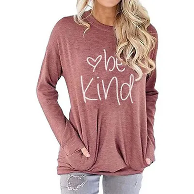 $12.99 • Buy Women Casual Long Sleeve Letter Print “Love Be Kind” Sweet T-Shirt With Pockets