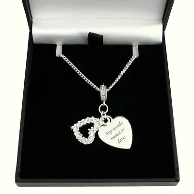 £19.99 • Buy Personalised Necklace With Engraving, Two Heart Pendants & Crystals, Gift Boxed
