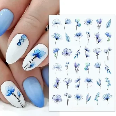 Nail Art Stickers Transfers Decals Spring Summer Blue Flowers Floral Fern (S016) • £2.65