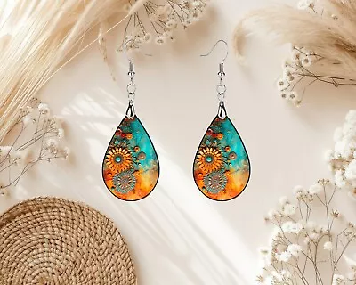 Orange Turquoise Floral Wood Dangle Teardrop Print Earrings Jewelry • $14.98