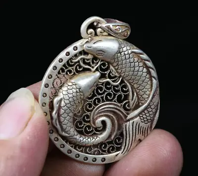 4CM Rare Old China Miao Silver Feng Shui Double Fish Pendant Amulet Necklace • $1.88