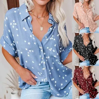 £15.51 • Buy Womens Star Print Short Sleeve T Shirt Ladies Casual Loose Button-up Blouse Tops