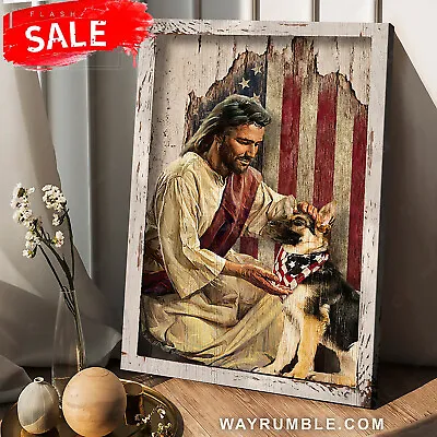 Unique Painting Little German Shepherd Antique US Flag - Jesus Portrait Poster • $20