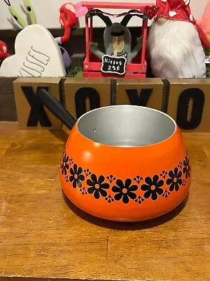 Vintage Fondue Pot Orange Black Flowers Retro 60s 70s ***NO LID*** • $21.95