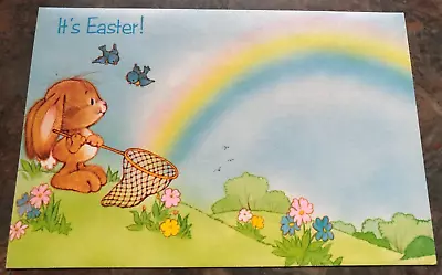 Easter Card Bunny Rabbit Butterfly Net Rainbow Blue Birds Vtg A.G. Unused Env • $5