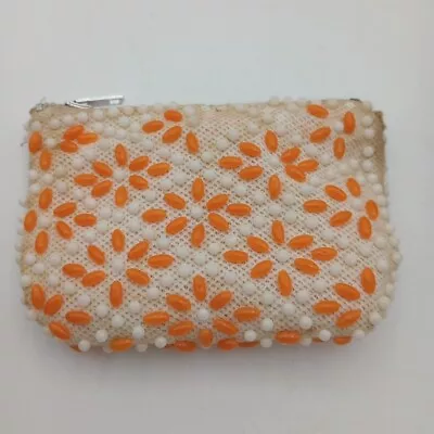 Vintage Beaded Coin Purse Orange White Beads Floral Zipper Money Coins Retro  • $9.99