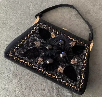 Caron Hand Decorated Vintage Purse | Floral | Black/Goldtone | Used | Good • $35