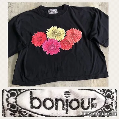 Vintage BONJOUR T Shirt O/S One Size* Black Oversized Cropped Floral Puff Paint • $19.99
