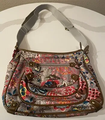 Oilily Colorful Floral Flower Handbag Purse Crossbody Vintage Gray Pink • £17.10