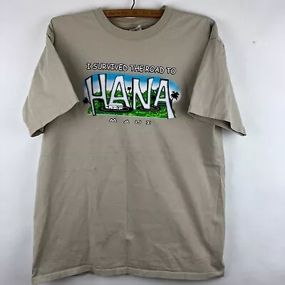 Vintage Hana Maui Shirt Large Beige Funny Quote Tee I Survived The Road To Hana • $6.98