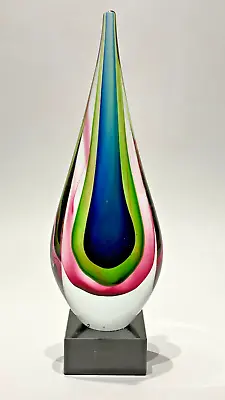 14  Tear Drop Modern Art Glass Hand Blown Sculpture Stone Base Blue Green Red • $75.99