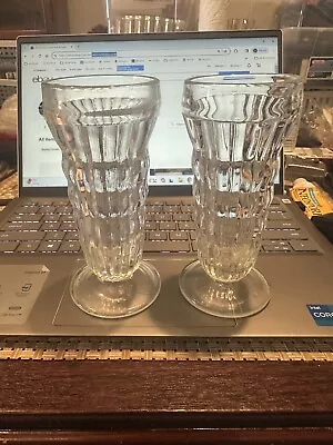 2 Jeanette Clear Ribbed Parfait Ice Cream Juice Footed Glasses 5½” Tall Vintage • $15.99