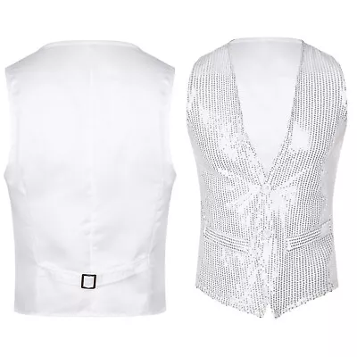 Mens Sequin Vest Shiny Suit V-Neck Party Dress Stylish Tailcoat Waistcoat Jacket • $15.08