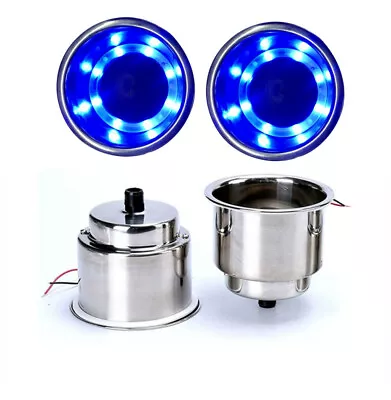 2X Blue LED Stainless Steel Cup Drink Holder With Drain & LED Car Boat RV Camper • $18.50