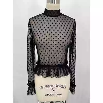 Zara Collection Mesh Sheer Shirt Sz S Black Polka Dot Ruffle Long Sleeve • $22