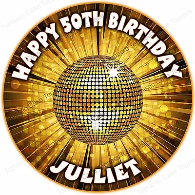 Personalised Disco Glitter Ball 70s 80s Party Edible Icing Birthday Cake Topper • £4.65