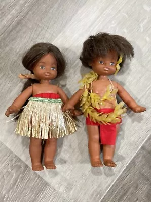 2 Vintage Hawaiian Hula Dancer Dolls 6” Grass Skirt Top Boy Girl RARE • $24.99