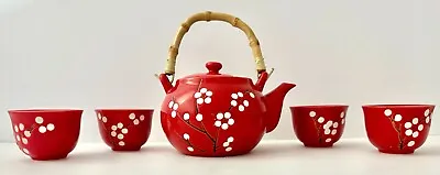 World Market Japanese Cherry Blossom Ceramic Red Teapot Bamboo Handle & Tea Cups • $38.39