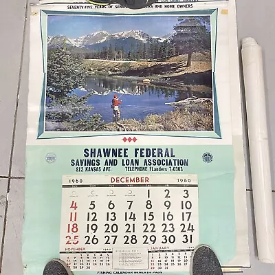 Set Of 4 VTG ‘53 ‘54 ‘57 ‘60 Bank Calendar Embossed Photo Fishing Scenes Posters • $70