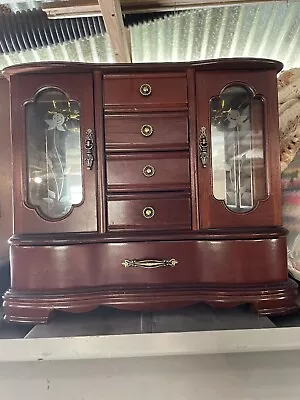 VINTAGE Wooden Jewelry Box Cabinet Chest Armoire Style Organizer W/ Floral Decal • $30