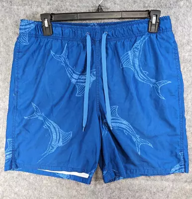 Merona Swim Shorts Men Large Blue Swordfish Mesh Lined Drawstring Pockets Trunks • $12.49
