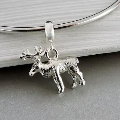 Silver Reindeer Moose Dangle Bead Charm - Fits European Bracelets • $11.95