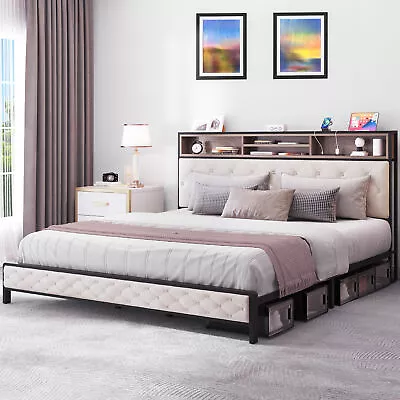 King Size Bed Frame W/Upholstered Storage Headboard+Charging Station+USB Ports • $226.99