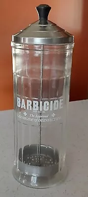 VINTAGE BARBICIDE Glass Disinfectant Jar Barber Shop Chrome Inner  11  • $28