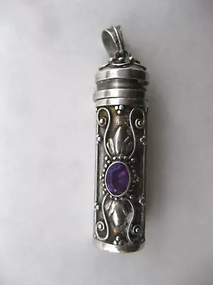 925 Sterling Silver Mezuzah Pendant W/ Amethyst~Intricate Designs~Stunning • $62.99