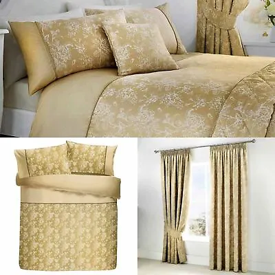 Gold Duvet Covers Floral Jacquard Damask Champagne Quilt Cover Bedding Sets • £47