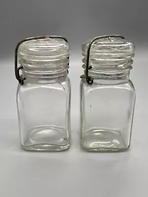 Lot Of 2 Vintage Hazel Atlas Wire Canning Jelly Spice Jar 1/2 Pint Square • $14.44