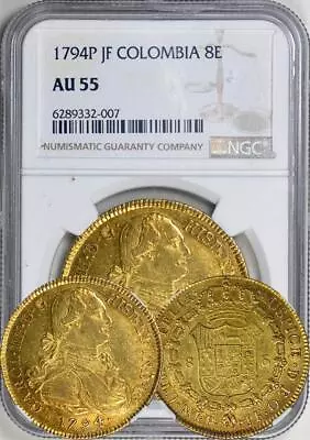 Colombia: 1794P JF (Popayan) Gold 8 Escudo NGC AU-55. High Grade! • $3249