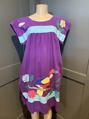 VTG Purple MEXICAN DRESS APPLIQUÉ Embroidered Parrot BIRDS Sz Small Cotton • $45