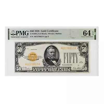 1928 $50 Gold Certificate Currency Note Woods Mellon PMG CU 64 EPQ • $4950