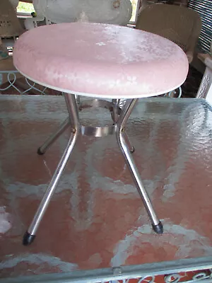Vtg MCM Cosco Round Stool Pink With Daisies Chrome Legs 15.5  Tall 13  D Seat • $39