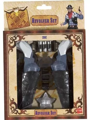 Kids Wild West 2 PC Plastic Toy Fake Pair Gun Set Holsters Bullets Sheriff Badge • £8.14