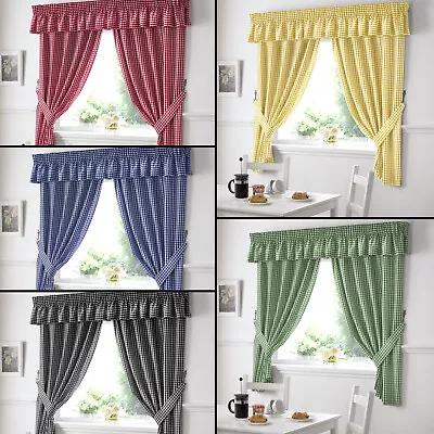 £16.99 • Buy Gingham Check Kitchen Tape Top Curtains Red Blue Black Yellow Green